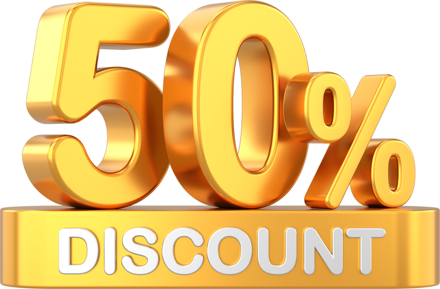 3D fifty percent discount. 50% discount. 50% sale.
